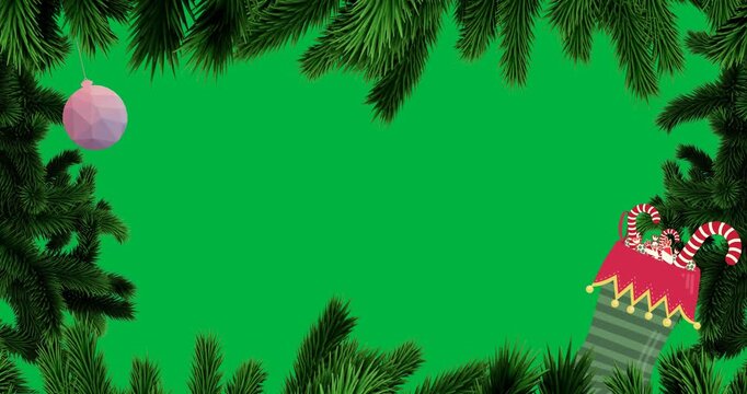 Digital animation of tree branches over gradient bauble and stockings icons against black background