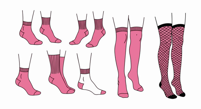 An illustration depicting various styles of pink hosiery, including ankle socks, knee-highs, and fishnets