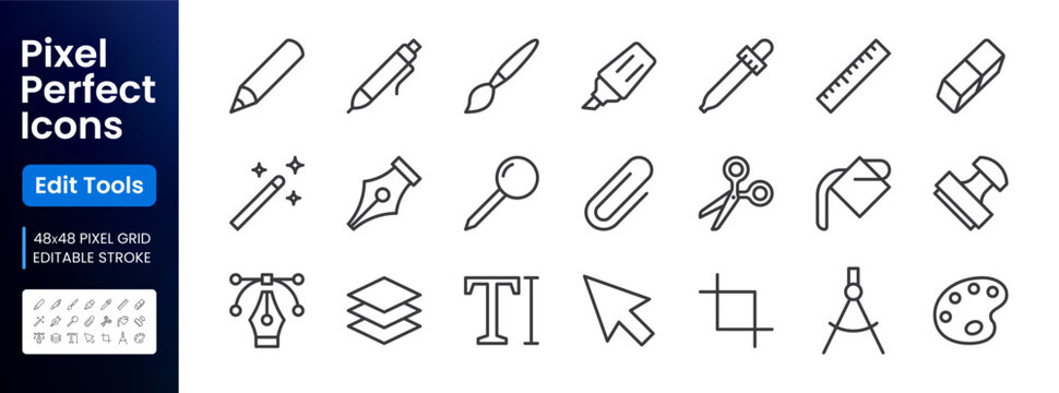 Graphic design, drawing tools line icons set. Pen, pencil, paintbrush, dropper, stamp, paint bucket minimal vector illustrations. Outline signs for web interface. 48x48 Pixel Perfect. Editable Stroke