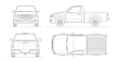 Pickup Truck Blueprint - Front, Side, Rear, Top Views © Yaskur