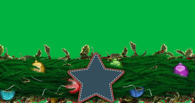 Star banner with copy space over decorated green tree branch against black background