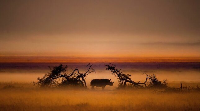 Solitary rhinoceros moving through dawn mist across a stark savanna horizon, cinematic refuge image evoking resilience, shrinking range, and the imperative to protect endangered giants now