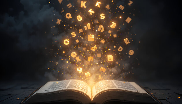 Magical World Book Day concept with glowing open book and floating letters, fantasy knowledge theme, education, imagination and storytelling background