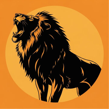 Lion Silhouette Roaring with Majestic Mane.