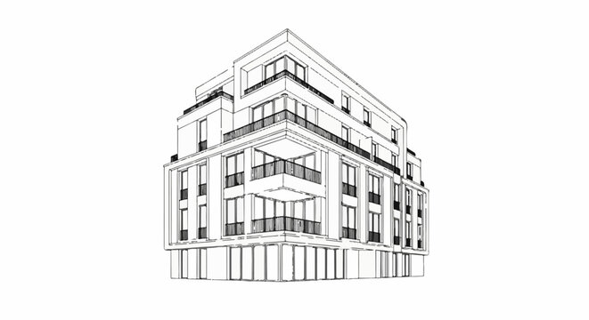 Black and white sketch of a multi-story corner building with balconies
