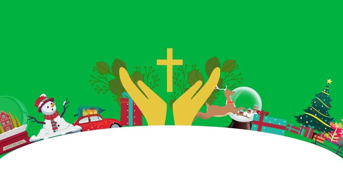 Digital animation of cross over hands and multiple christmas concept icons against black background