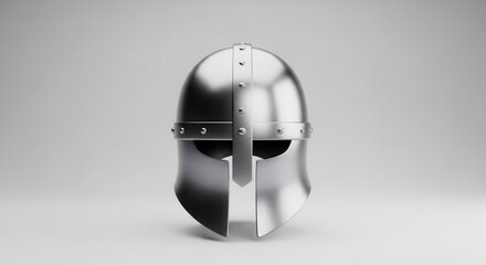 Obraz premium Gleaming medieval knight's helmet rendered in sleek silver on a neutral background for historical