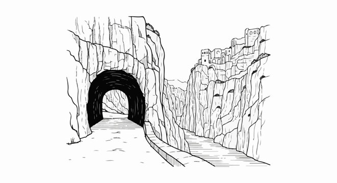 Black and white sketch of a pathway leading into a dark tunnel between steep, rocky cliffs with buildings on one side