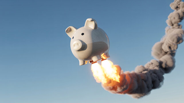 A piggy bank rocket blasting off into a clear blue sky with a trail of fire and smoke