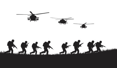 Obraz premium Military Soldiers Silhouette with Helicopters in Combat Operation Scene 