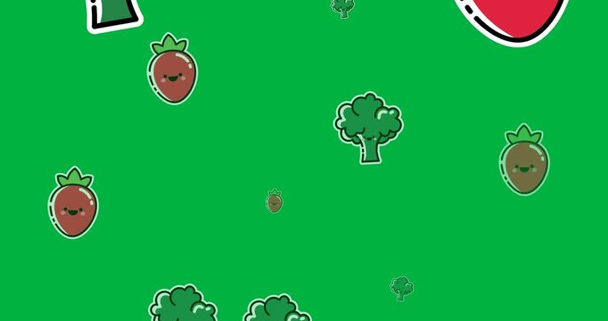 Digital animation of multiple vegetables icons in seamless pattern against black background