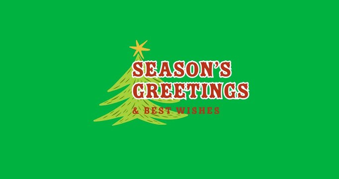 Seasons greetings and best wishes text banner with christmas tree icon against black background