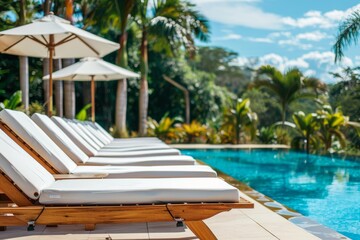 Fototapeta premium Wooden deck chairs with white cushions inviting guests to relax by the poolside of a luxurious tropical hotel