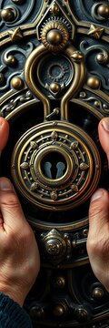 Hands manipulating intricate mechanical cryptex lock with hidden combination,  riddle,  mechanical