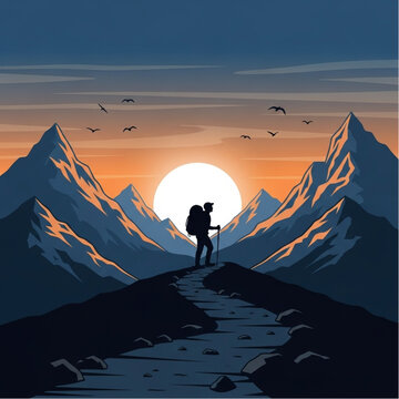 Hiker with Backpack and Trekking Pole.