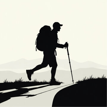 Hiker with Backpack and Trekking Poles Walking.