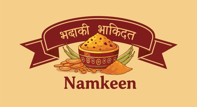 Appetizing snack assortment with decorative ribbon and Hindi script