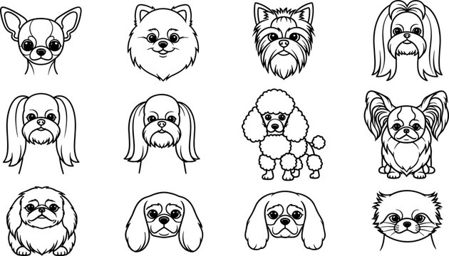 Cute Dog Breed Head Icon Set Featuring Chihuahua, Poodle, Shih Tzu, Pomeranian, and Other Small Dog Breeds in Line Art for Pet and Animal Illustrations