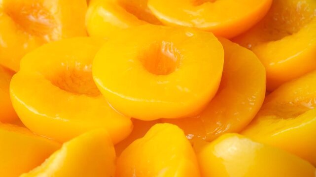 Sweet canned peach halves in sugar syrup close up