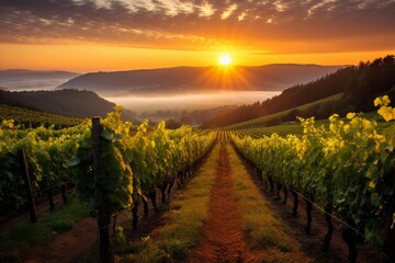 Fototapeta premium Vineyard creating lines in a tranquil landscape during golden hour with fog in valley