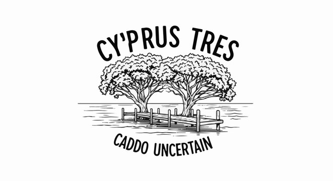 Black and white drawing of two trees by a wooden dock on water