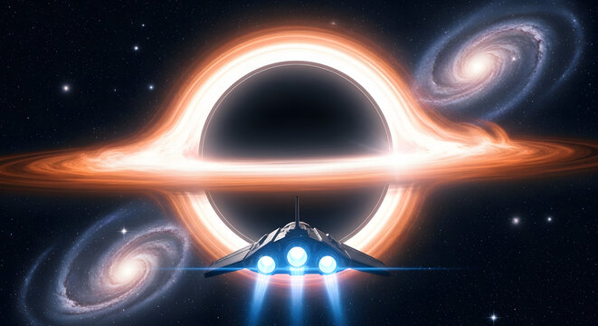 Spaceship flying towards a supermassive black hole with a glowing accretion disk and spiral galaxies in deep space