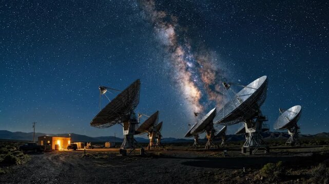 A nighttime photograph of a rural radio telescope array during observation, multiple large dish antennas tracking the same point in the sky in synchronized position, their surfaces