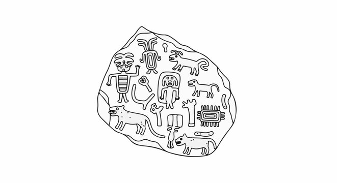 Ancient petroglyphs depicting figures, animals, and abstract symbols carved into a rock