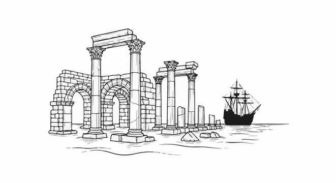 Ancient ruins with a sailing ship on the water