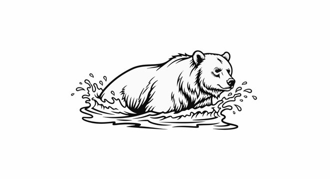 Black and white illustration of a bear swimming in water