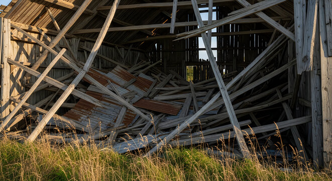 Collapsed wooden barn in a field with tall grass and broken beams