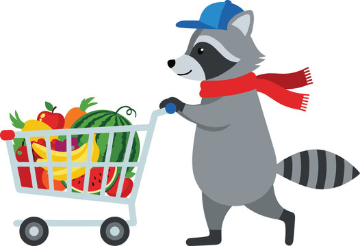 Cartoon raccoon character pushing shopping cart with fruits, vegetables, groceries, playful animal illustration, retail consumer goods concept design