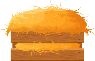 Wooden manger holding golden dried hay on a white background, symbolizing farm life © WinWin