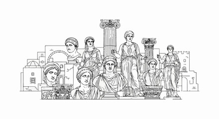 Obraz premium Ancient stone sculptures and architectural elements arranged in a stylized composition