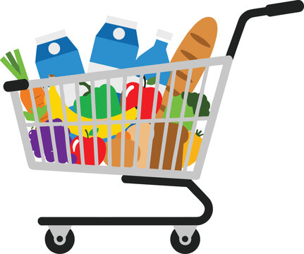 Colorful shopping cart filled with groceries, fruits, vegetables, bread, cartons, healthy food choices, retail consumer goods, supermarket illustration design