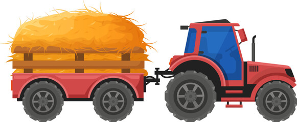 Red farm tractor transporting a load of dry hay in a wooden trailer © WinWin
