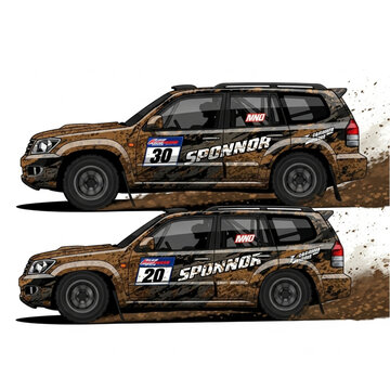 Muddy SUVs Racing with Sponsor Logos.