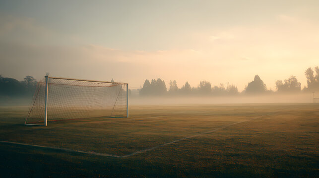 Empty Football Field with Goal and Morning Mist