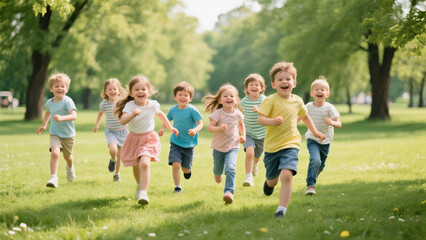 Fototapeta premium a group of small happy children run through the park in the background of grass and trees. Children's outdoor games, vacations, weekend, Children's Day, June 1