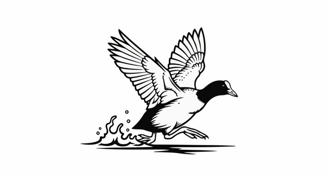 Black and white illustration of a coot running across water