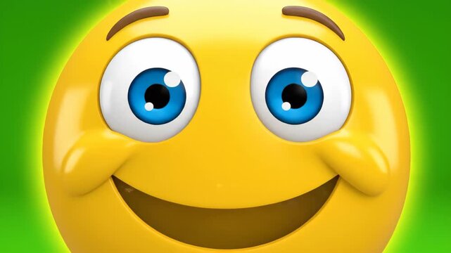 A Close-up 3D Rendering of a Bright Yellow Emoji With Wide, Blue Eyes and a Large, Happy Smile, Conveying Extreme Joy and Laughter.