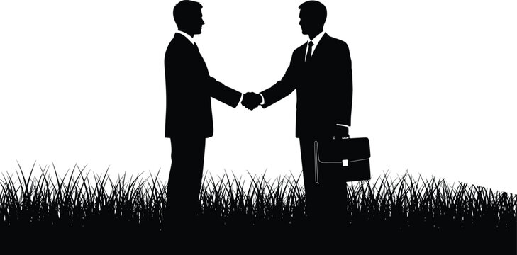 Silhouette of business professionals shaking hands outdoors with briefcase, symbolizing partnership, agreement, collaboration, negotiation, and professional deal