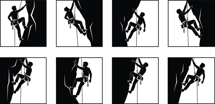 Silhouette illustrations of rock climbers ascending with ropes and harnesses, showcasing adventure sport, physical effort, and dynamic climbing motion