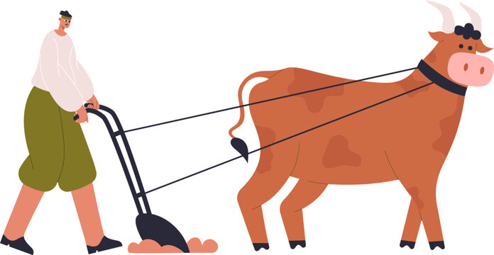 Farmer plowing soil with an ox as an ancient agricultural practice setup