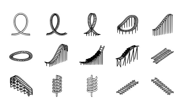 Roller coaster track vector icon set with amusement park ride elements in flat design isolated on white background