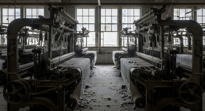 Abandoned industrial weaving factory with old machinery and windows