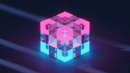 Obraz premium Mesmerizing Abstract Geometric Cube with Translucent Pink and Blue Neon Illumination Display