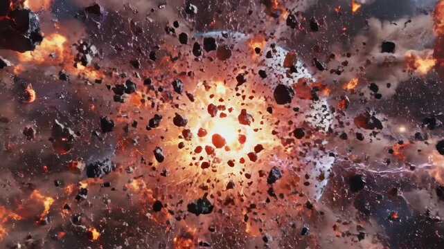 A Massive Cosmic Explosion Erupts With Fiery Debris and Glowing Fragments Scattering Outwards Into the Void.