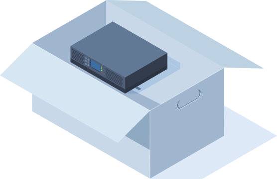 Uninterruptible power supply unit in a cardboard box ready for delivery
