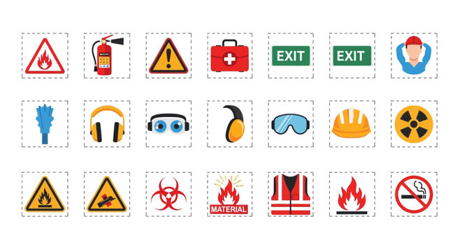 Collection of safety warning signs icons.